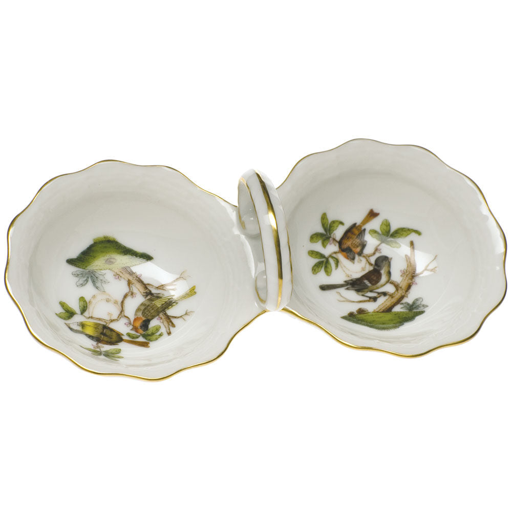 Hand-painted Herend Rothschild Bird Twin Salt Salt & Pepper Shaker Set in fine porcelain, 5.5in L, on a white background