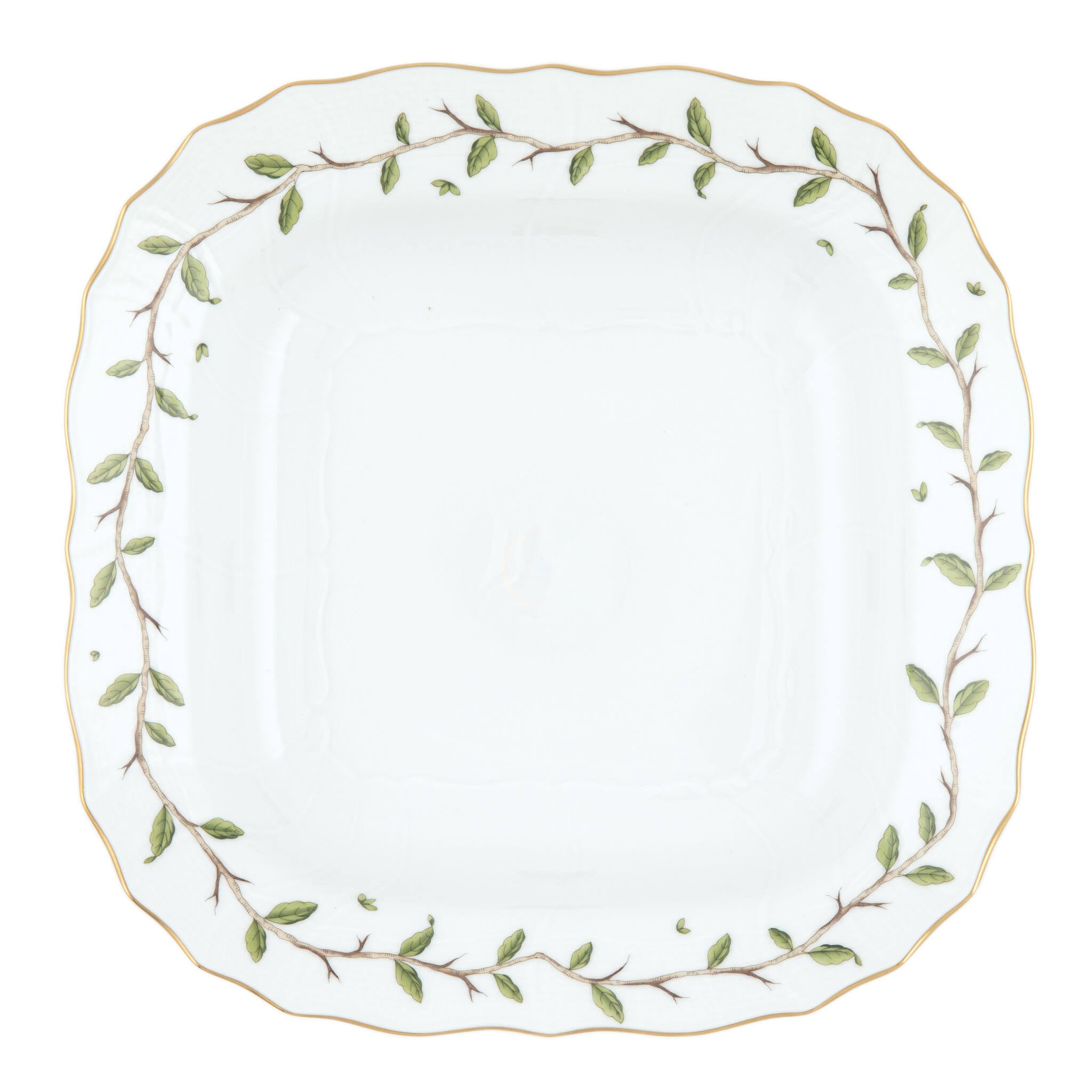 Hand-painted Herend Rothschild Garden Square Fruit Dish in fine porcelain, 11in SQ, on a white background
