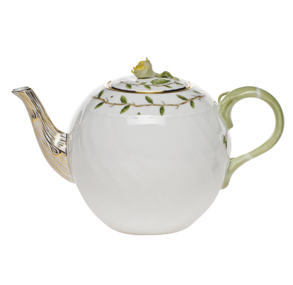 Hand-painted Herend Rothschild Garden Tea Pot with Rose Teapot in fine porcelain, (36 OZ) 5.5in H, on a white background