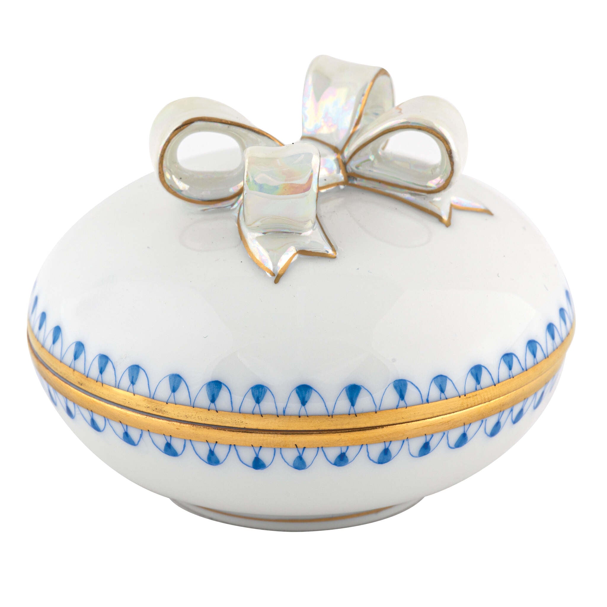 Round Box with Bow in hand-painted Blue porcelain by Herend of Hungary