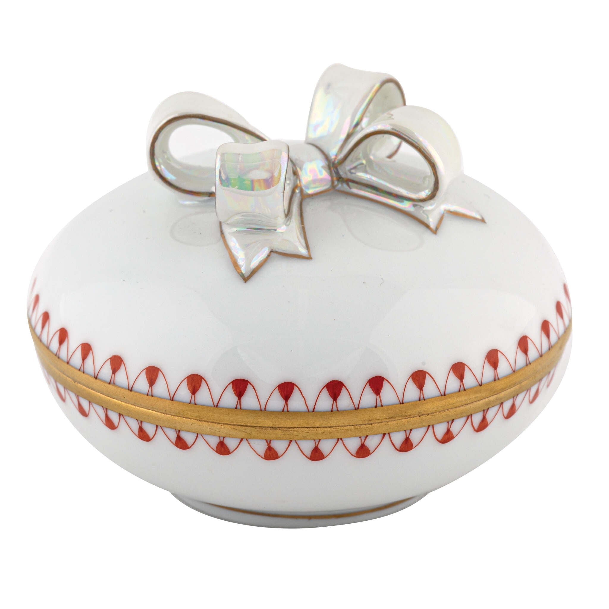 Rust fishnet Round Box with Bow figurine, hand-painted Herend porcelain with 24k gold accents