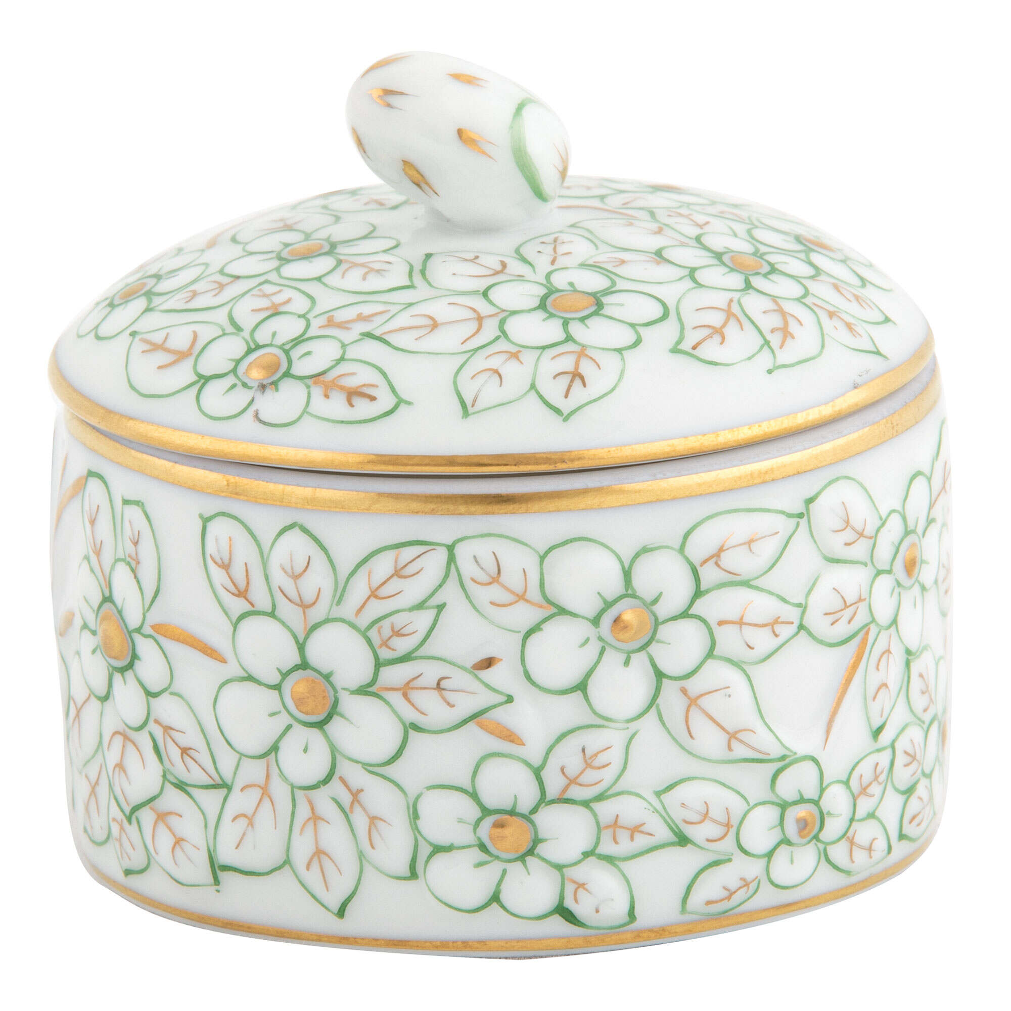 Herend Round Relief Box with Berry porcelain figurine painted in the Green fishnet pattern