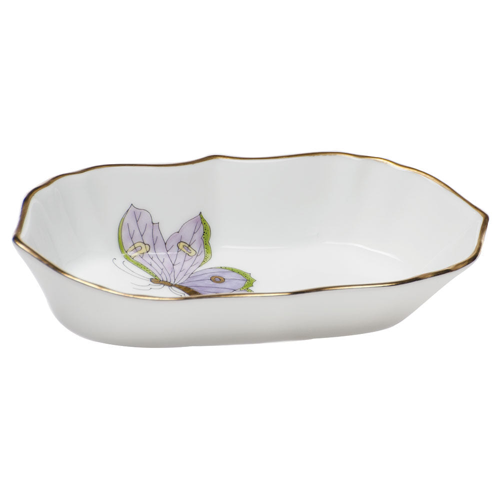 Hand-painted Herend Royal Garden Butterflies Narrow Pin Dish Decorative Plate in fine porcelain, 5in L X 1in H, on a white background
