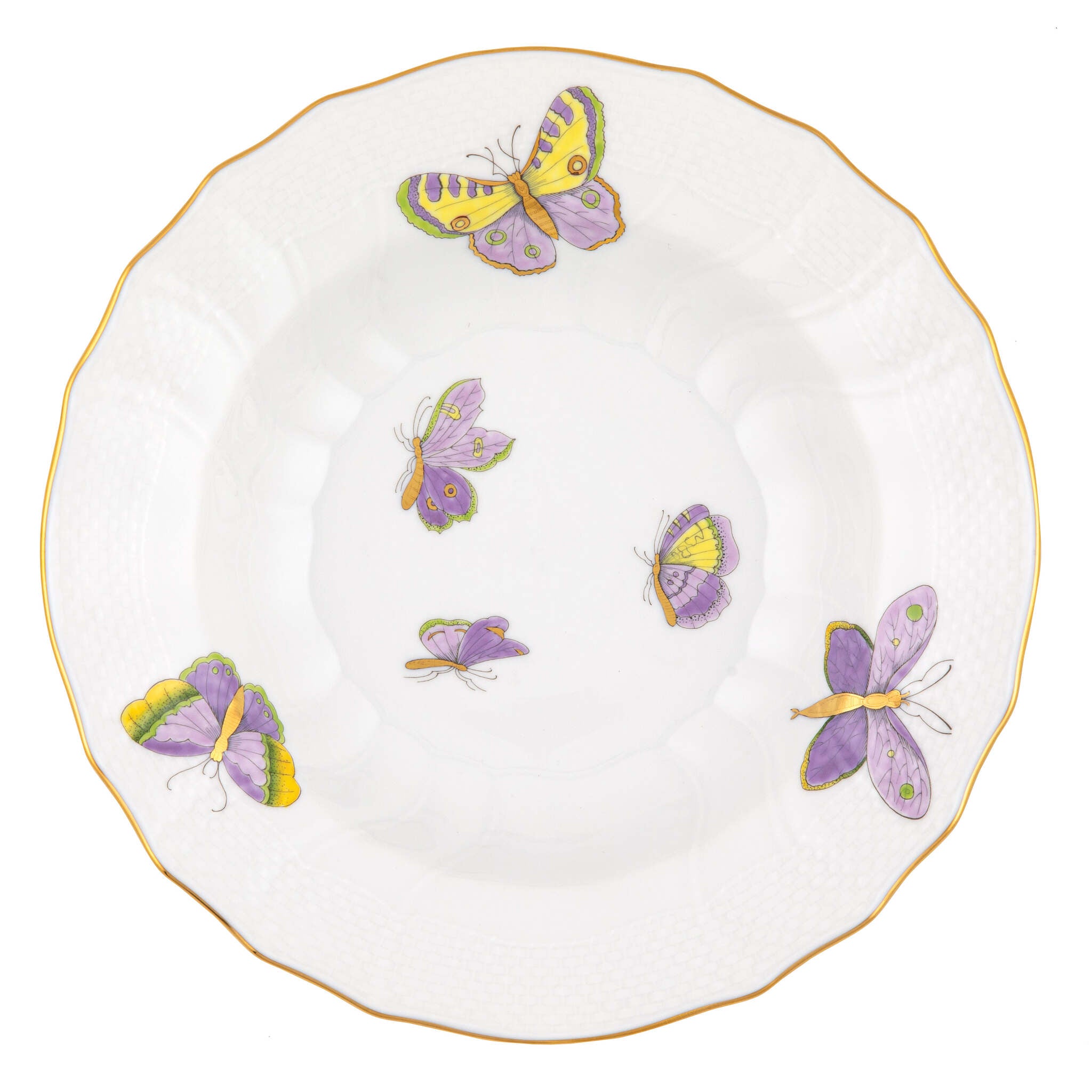 Hand-painted Herend Royal Garden Butterflies Rim Soup Soup Plates & Rimmed Soup Bowl in fine porcelain, 9.5in D, on a white background