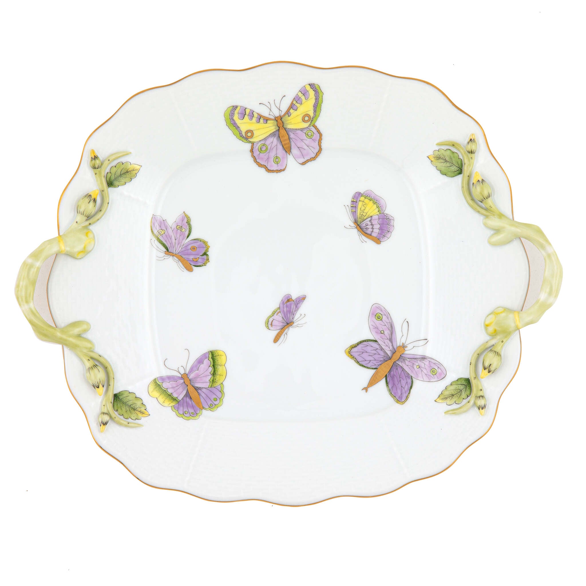 Hand-painted Herend Royal Garden Butterflies Square Cake Plate with Handles in fine porcelain, 9.5in SQ, on a white background