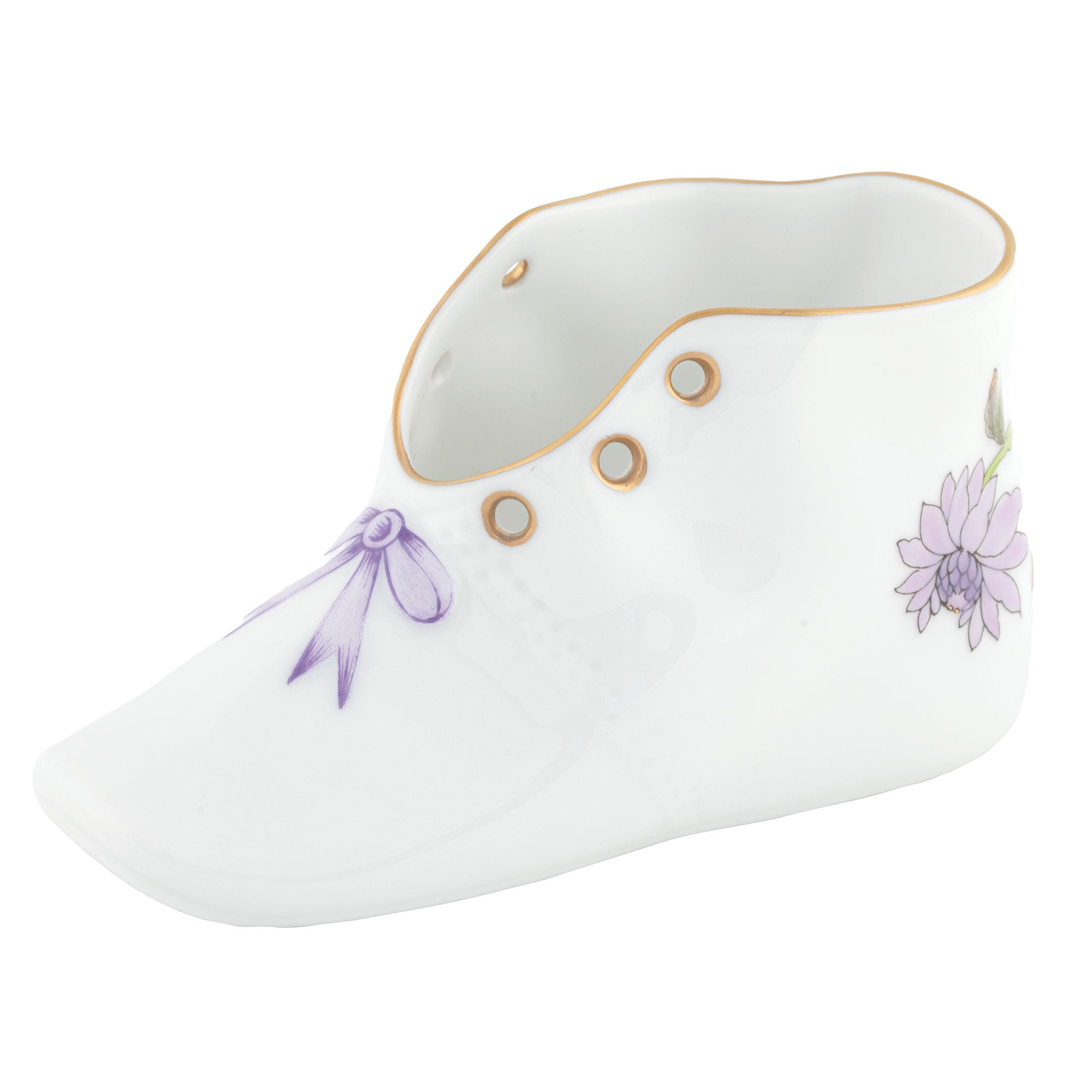 Hand-painted Herend Royal Garden Flowers Baby Shoe Baby Keepsake in fine porcelain, 4.5in L X 2.75in H, on a white background