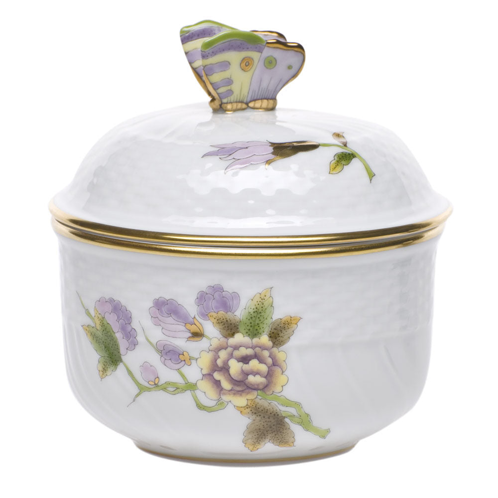 Hand-painted Herend Royal Garden Flowers Covered Sugar with Butterfly Sugar Bowl in fine porcelain, (6 OZ) 4in H, on a white background
