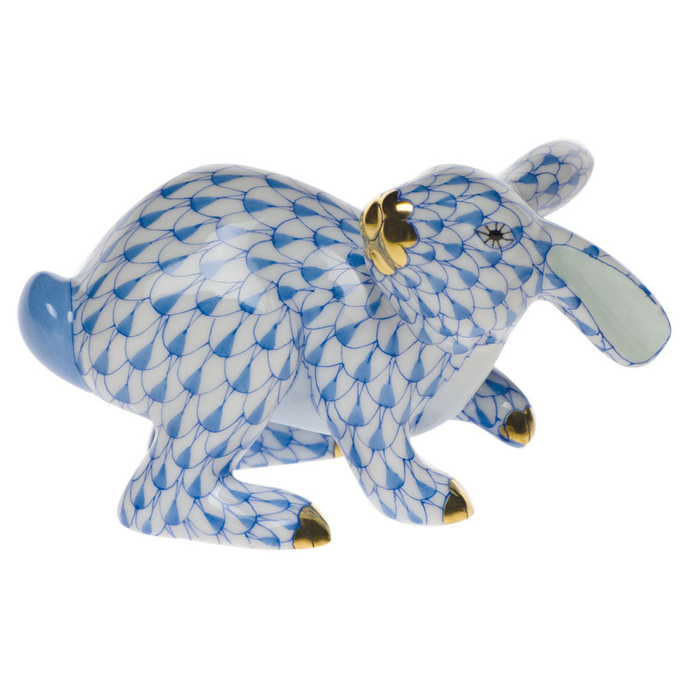 Hand-painted Herend Running Rabbit Figurine in fine porcelain, 3.25in L X 2in H, on a white background