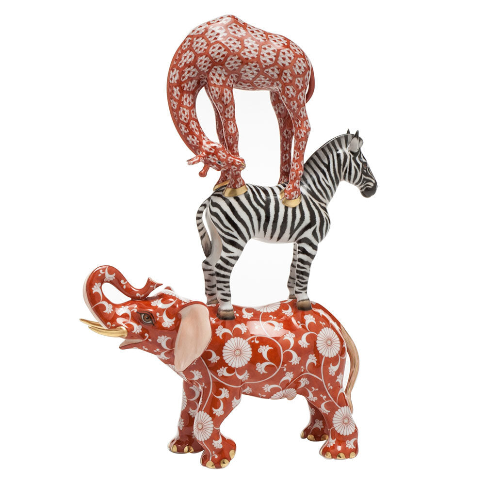 Hand-painted Herend Safari Animals Figurine in fine porcelain, 8.5in L X 12.75in H, on a white background