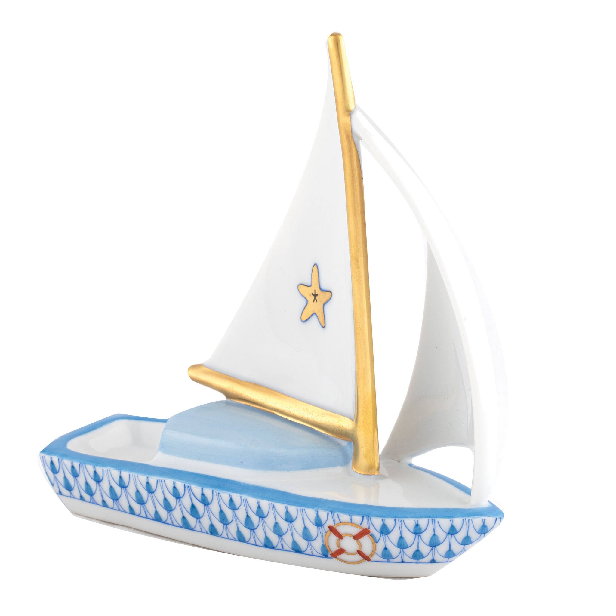 Blue fishnet Sailboat At Sea Figurine figurine, hand-painted Herend porcelain with 24k gold accents