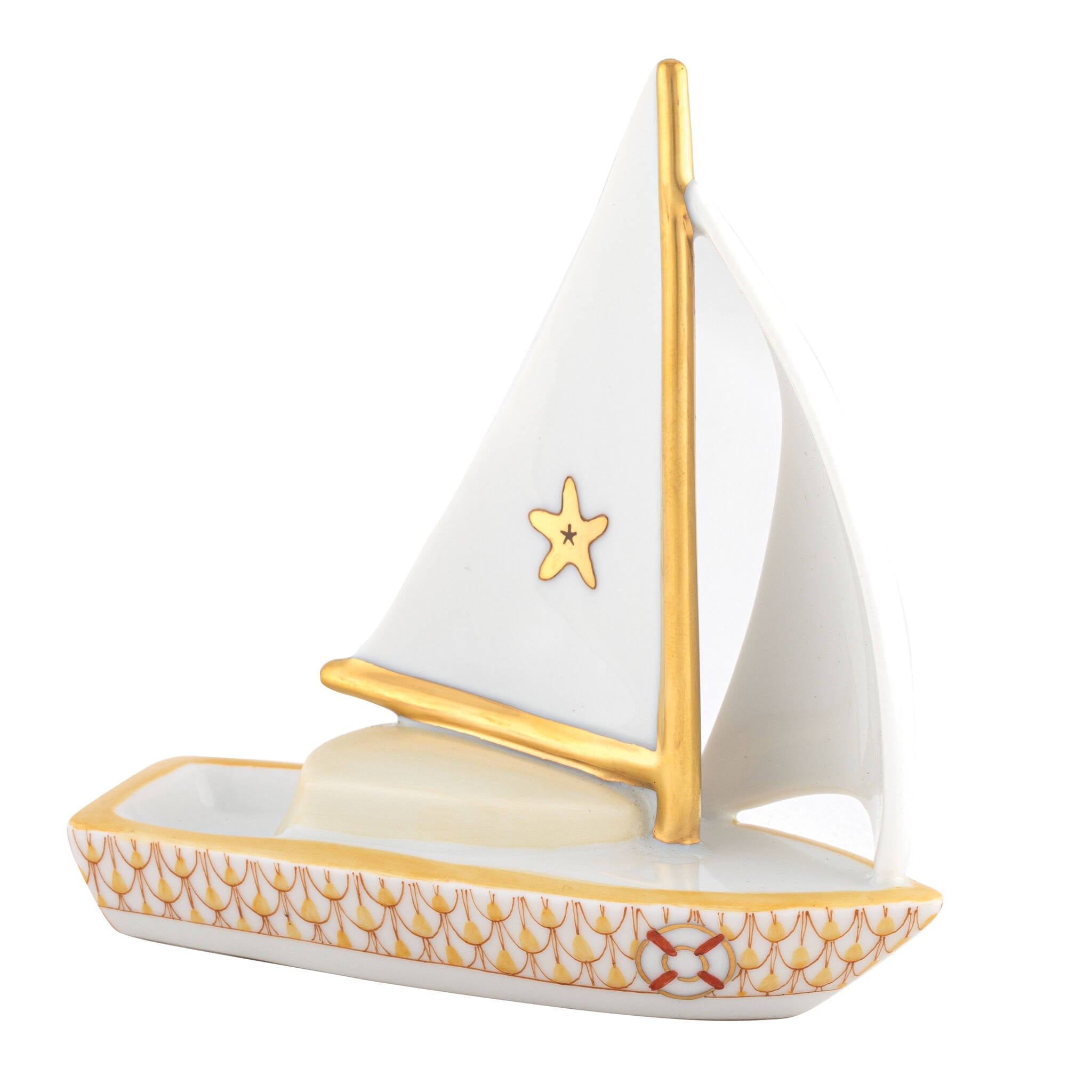 Butterscotch fishnet Sailboat At Sea Figurine figurine, hand-painted Herend porcelain with 24k gold accents