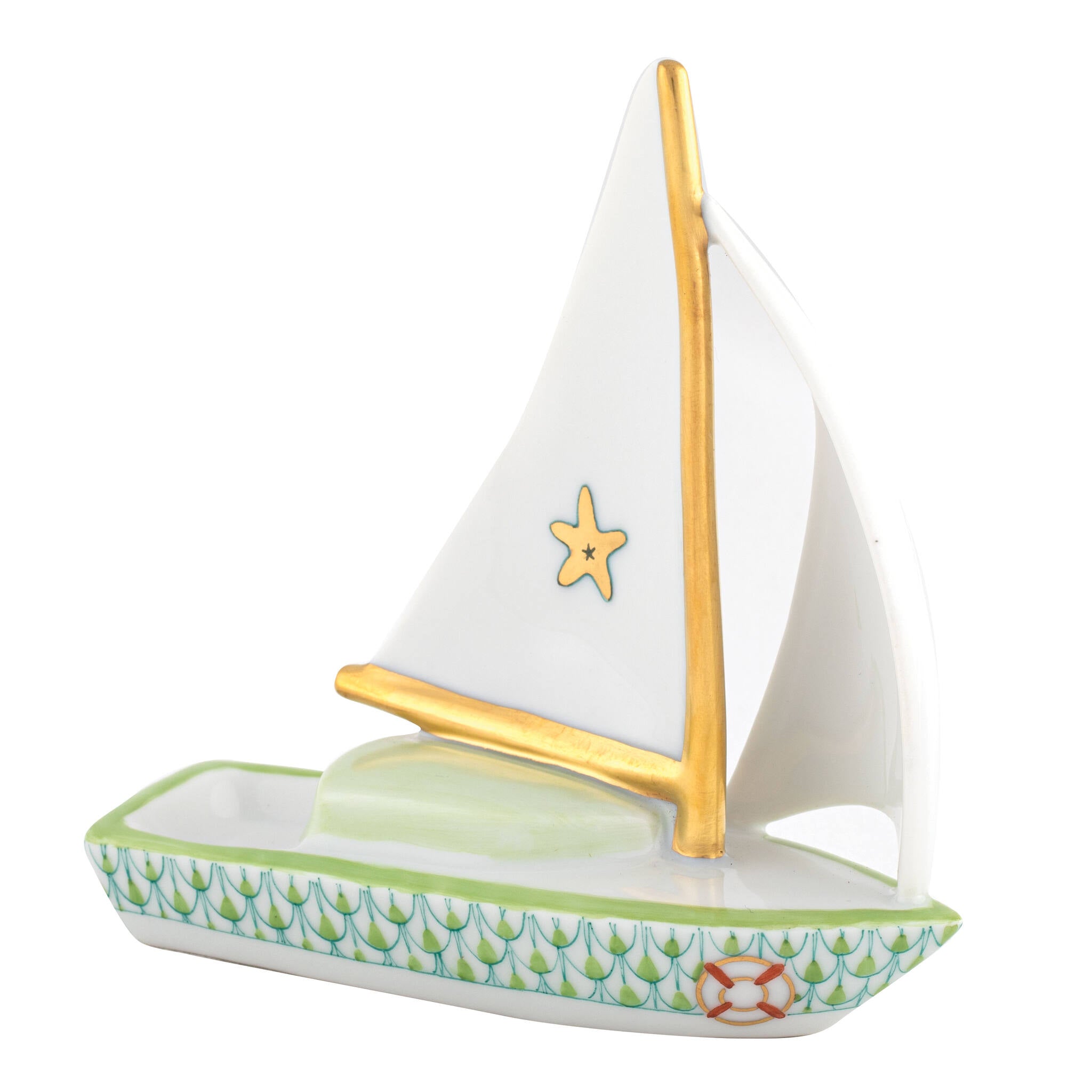 Key Lime fishnet Sailboat At Sea Figurine figurine, hand-painted Herend porcelain with 24k gold accents