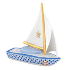 Herend Sailboat At Sea Figurine porcelain figurine painted in the Sapphire fishnet pattern