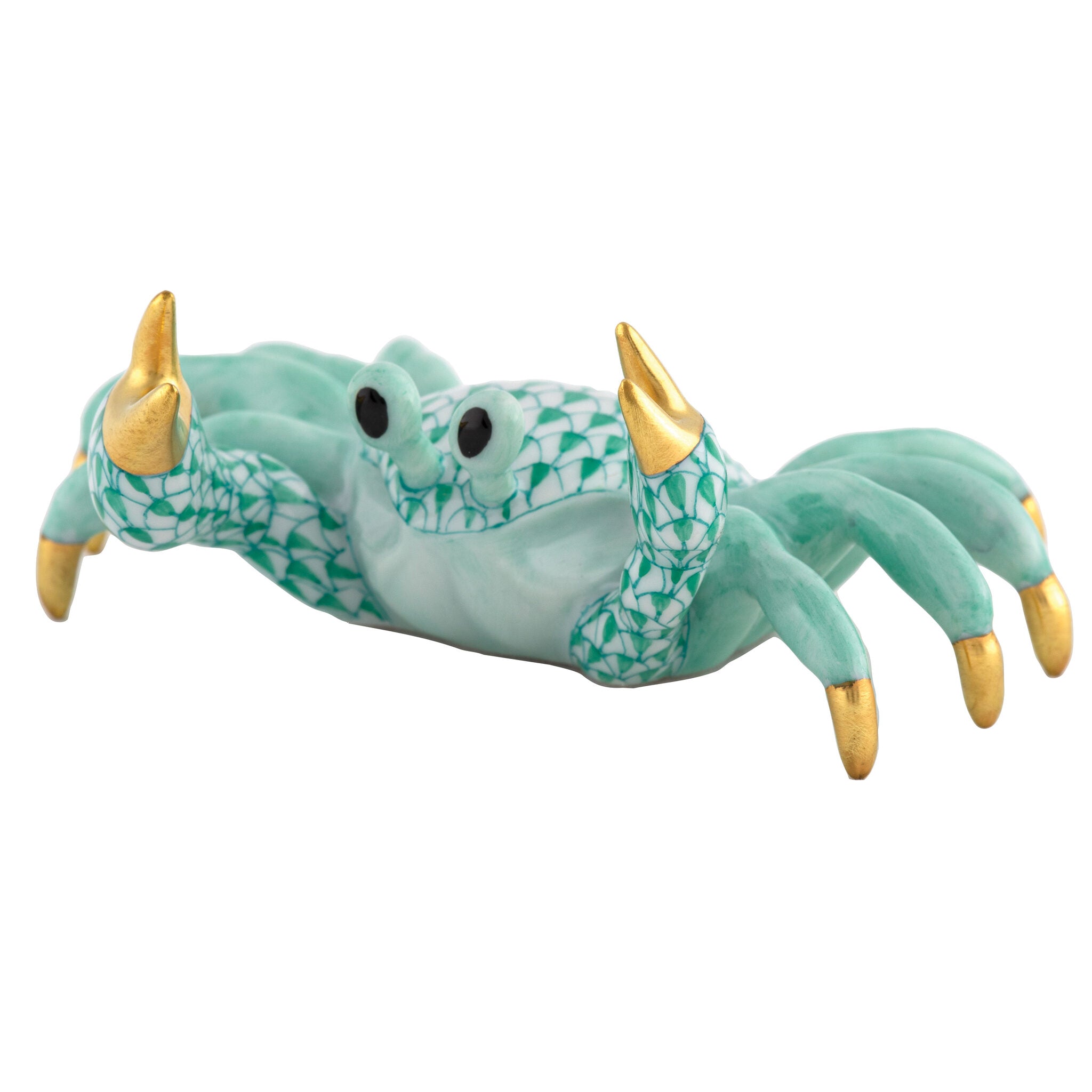 Hand-painted Herend Sand Crab Figurine in Green fishnet porcelain on a white background