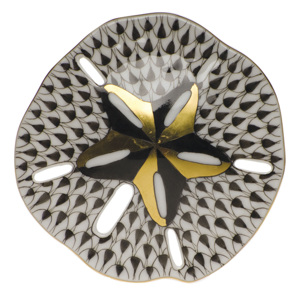 Herend Sand Dollar Figurine porcelain figurine painted in the Black fishnet pattern
