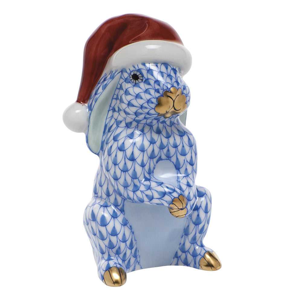 Hand-painted Herend Santa Bunny Figurine in Blue fishnet porcelain on a white background