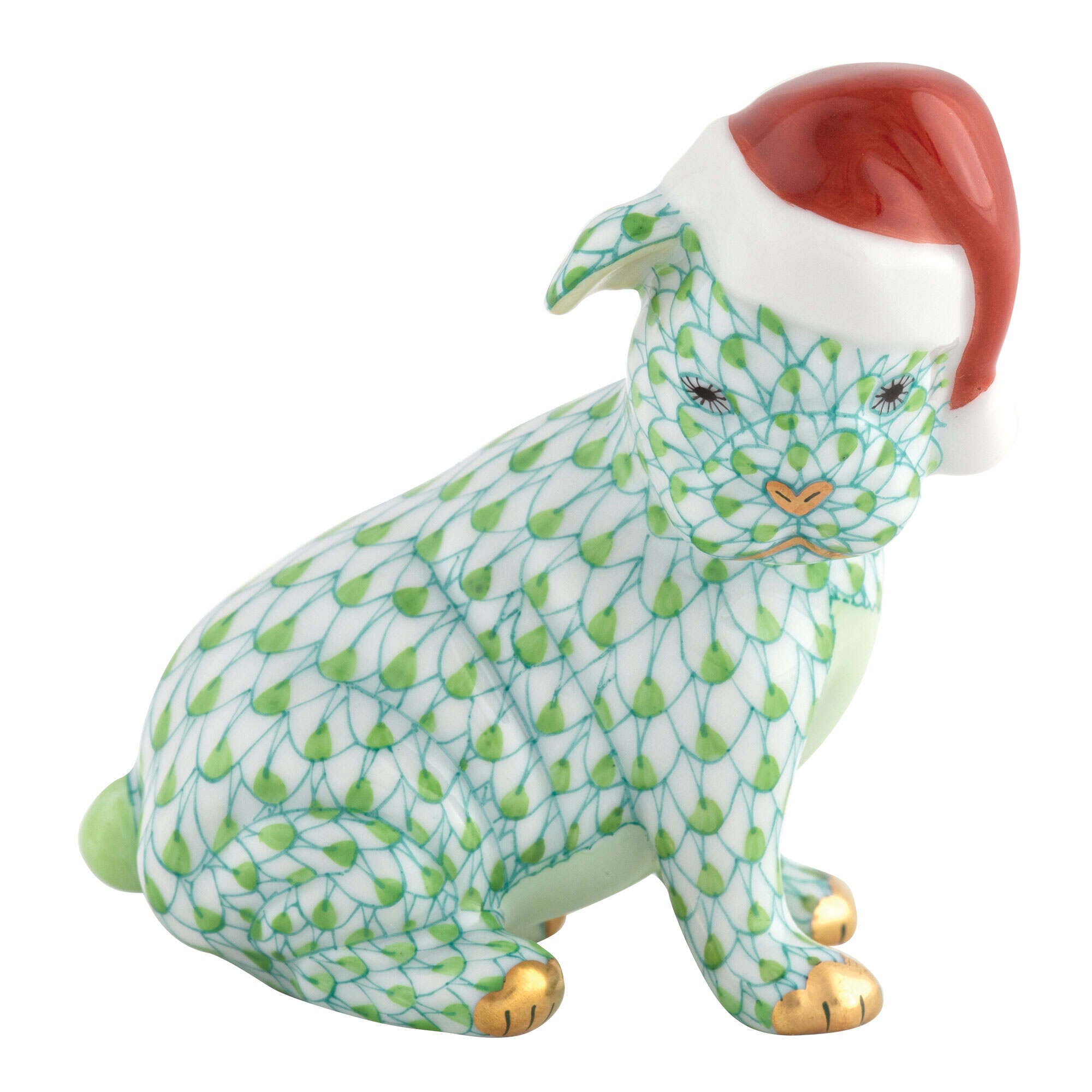 Key Lime fishnet Santa Puppy Figurine figurine, hand-painted Herend porcelain with 24k gold accents