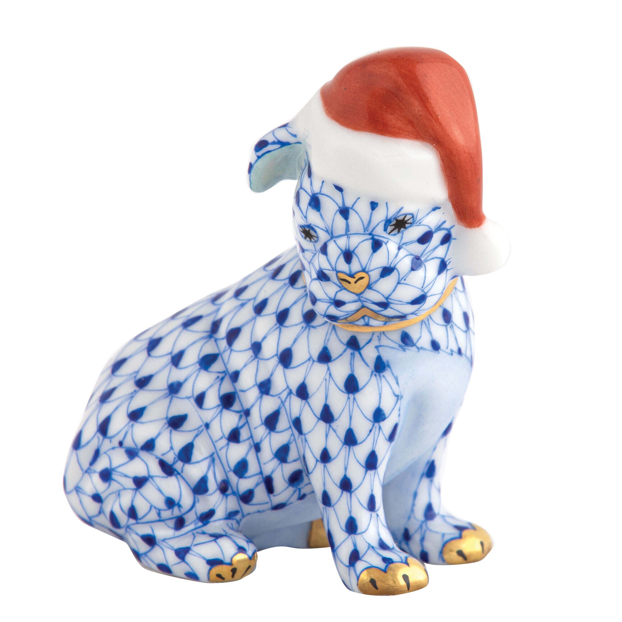Santa Puppy Figurine in hand-painted Sapphire porcelain by Herend of Hungary