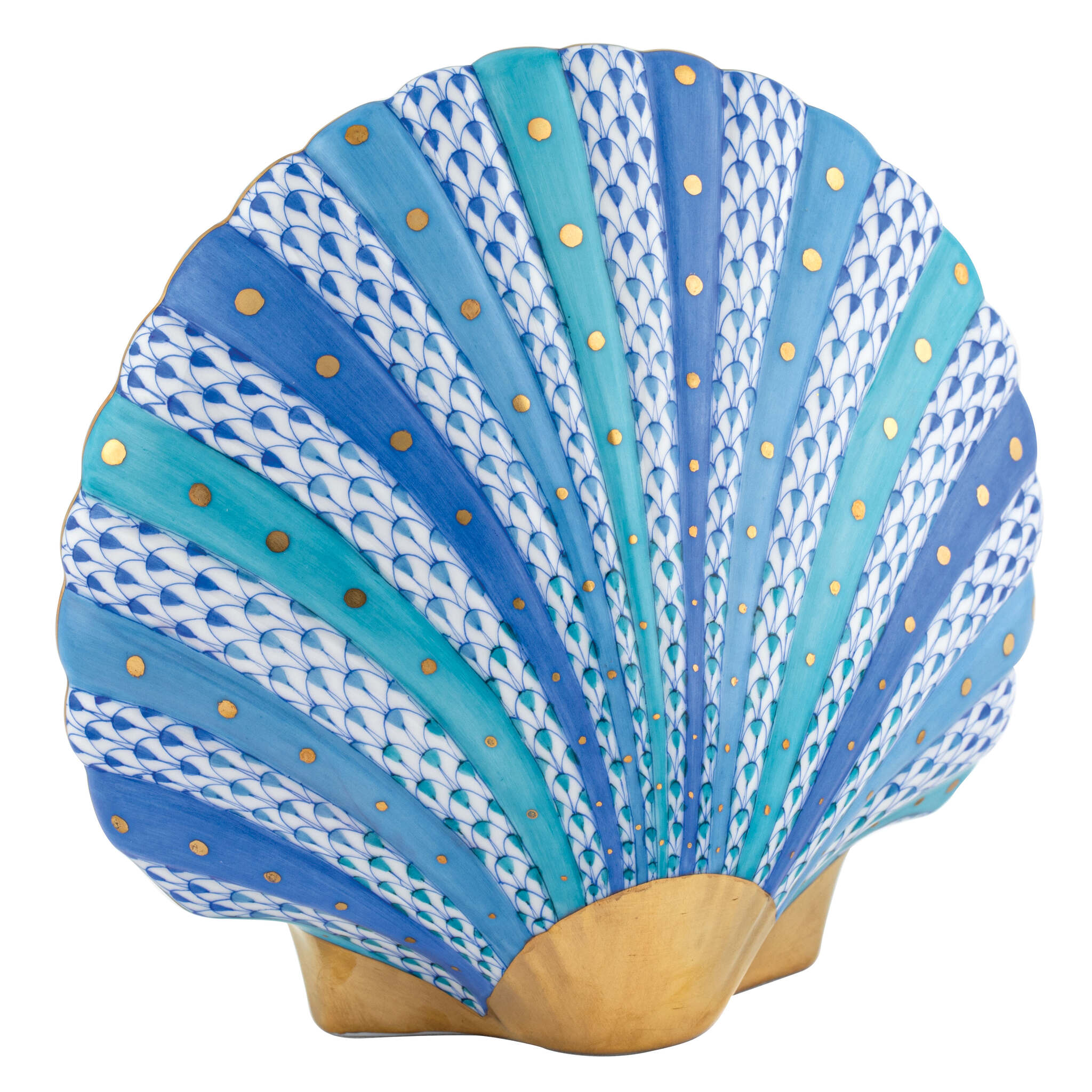 Hand-painted Herend Scallop Shell Candy Dish in fine porcelain, 3.5in L X 6in W X 6.25in H, on a white background