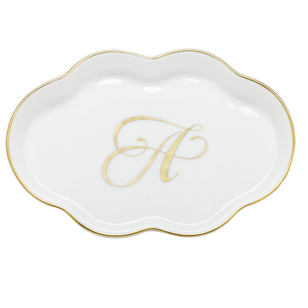 Hand-painted Herend Scalloped Tray with Monogram Decorative Plate in fine porcelain, 5.5in L, on a white background, Monogram A