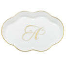 Hand-painted Herend Scalloped Tray with Monogram Decorative Plate in fine porcelain, 5.5in L, on a white background, Monogram A
