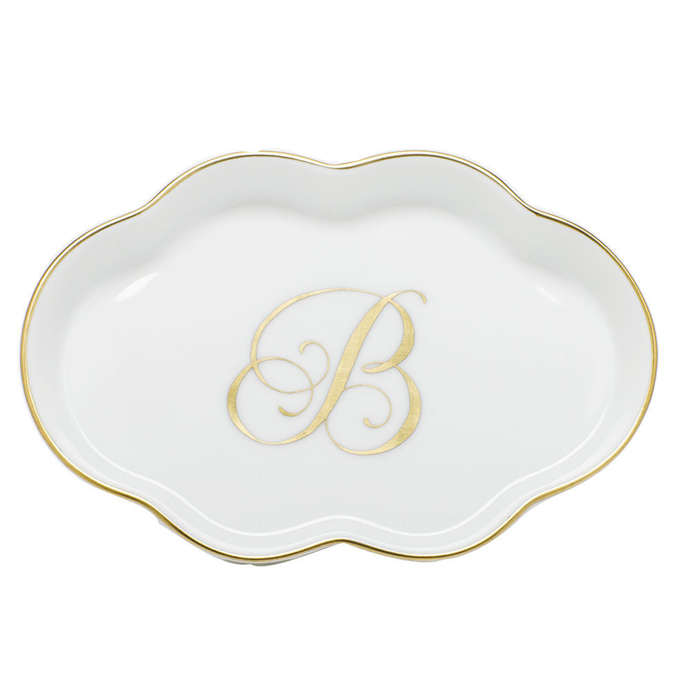 Hand-painted Herend Scalloped Tray with Monogram Decorative Plate in fine porcelain, 5.5in L, on a white background, Monogram B