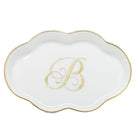 Hand-painted Herend Scalloped Tray with Monogram Decorative Plate in fine porcelain, 5.5in L, on a white background, Monogram B