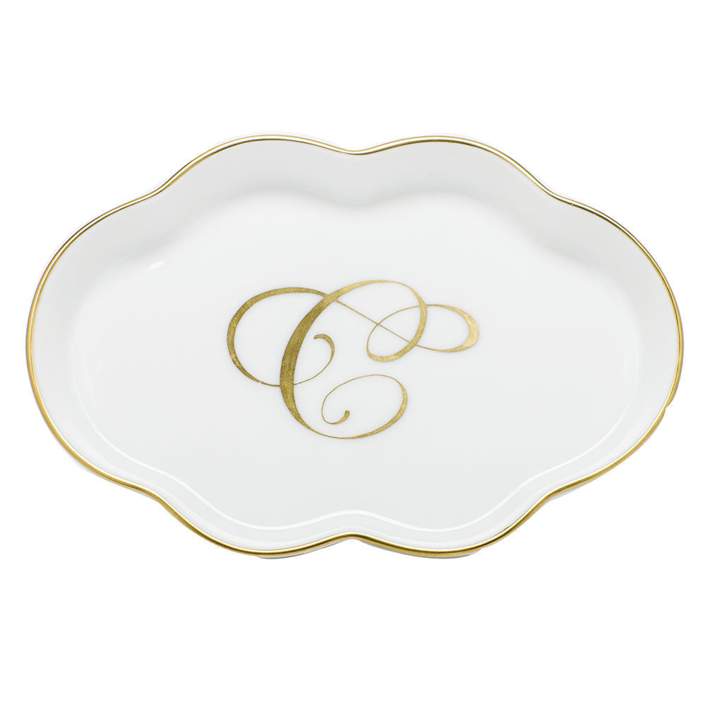 Hand-painted Herend Scalloped Tray with Monogram Decorative Plate in fine porcelain, 5.5in L, on a white background, Monogram C