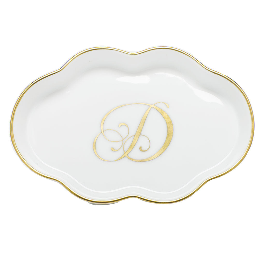 Hand-painted Herend Scalloped Tray with Monogram Decorative Plate in fine porcelain, 5.5in L, on a white background, Monogram D