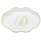 Hand-painted Herend Scalloped Tray with Monogram Decorative Plate in fine porcelain, 5.5in L, on a white background, Monogram D