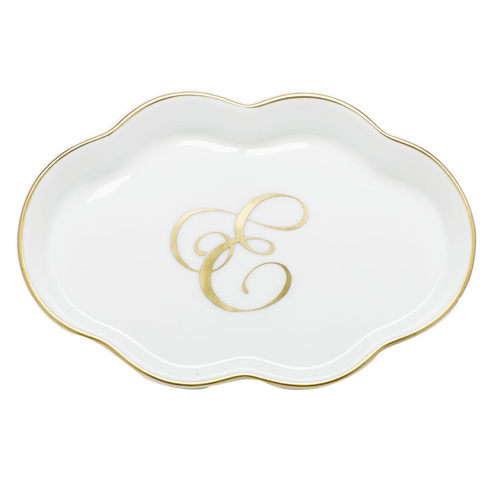 Hand-painted Herend Scalloped Tray with Monogram Decorative Plate in fine porcelain, 5.5in L, on a white background, Monogram E