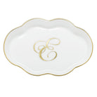 Hand-painted Herend Scalloped Tray with Monogram Decorative Plate in fine porcelain, 5.5in L, on a white background, Monogram E
