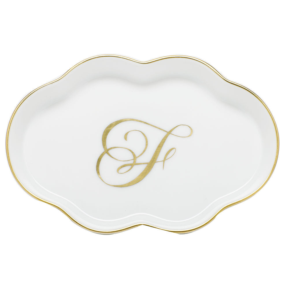Hand-painted Herend Scalloped Tray with Monogram Decorative Plate in fine porcelain, 5.5in L, on a white background, Monogram F
