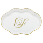 Hand-painted Herend Scalloped Tray with Monogram Decorative Plate in fine porcelain, 5.5in L, on a white background, Monogram F