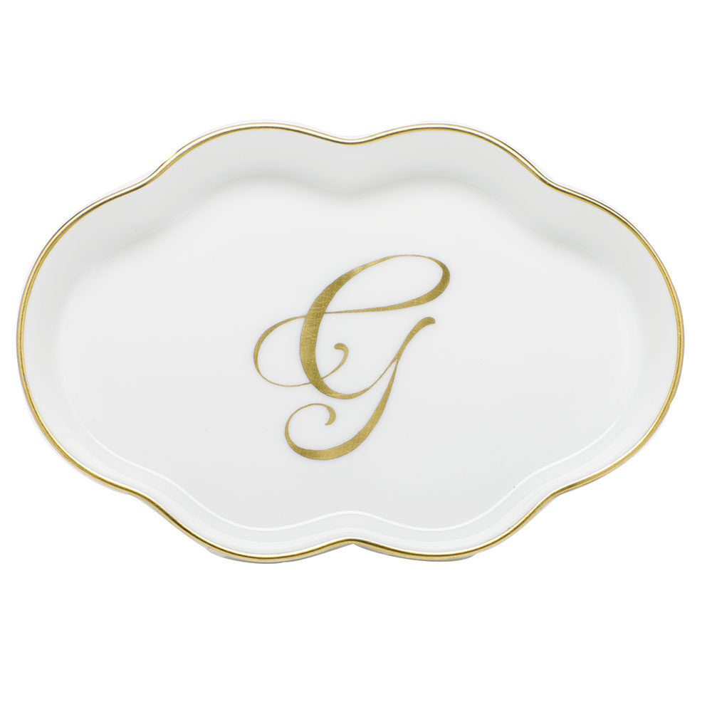 Hand-painted Herend Scalloped Tray with Monogram Decorative Plate in fine porcelain, 5.5in L, on a white background, Monogram G