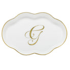 Hand-painted Herend Scalloped Tray with Monogram Decorative Plate in fine porcelain, 5.5in L, on a white background, Monogram G