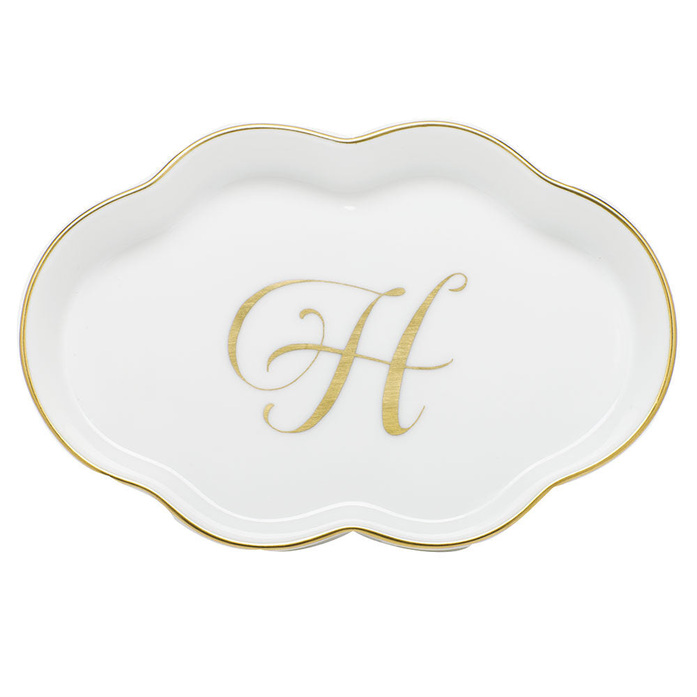 Hand-painted Herend Scalloped Tray with Monogram Decorative Plate in fine porcelain, 5.5in L, on a white background, Monogram H