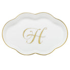 Hand-painted Herend Scalloped Tray with Monogram Decorative Plate in fine porcelain, 5.5in L, on a white background, Monogram H