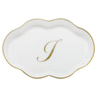 Hand-painted Herend Scalloped Tray with Monogram Decorative Plate in fine porcelain, 5.5in L, on a white background, Monogram I