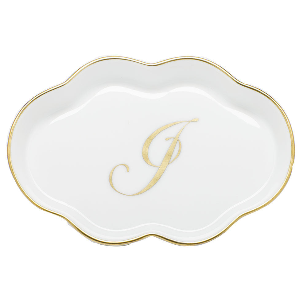 Hand-painted Herend Scalloped Tray with Monogram Decorative Plate in fine porcelain, 5.5in L, on a white background, Monogram J