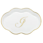 Hand-painted Herend Scalloped Tray with Monogram Decorative Plate in fine porcelain, 5.5in L, on a white background, Monogram J
