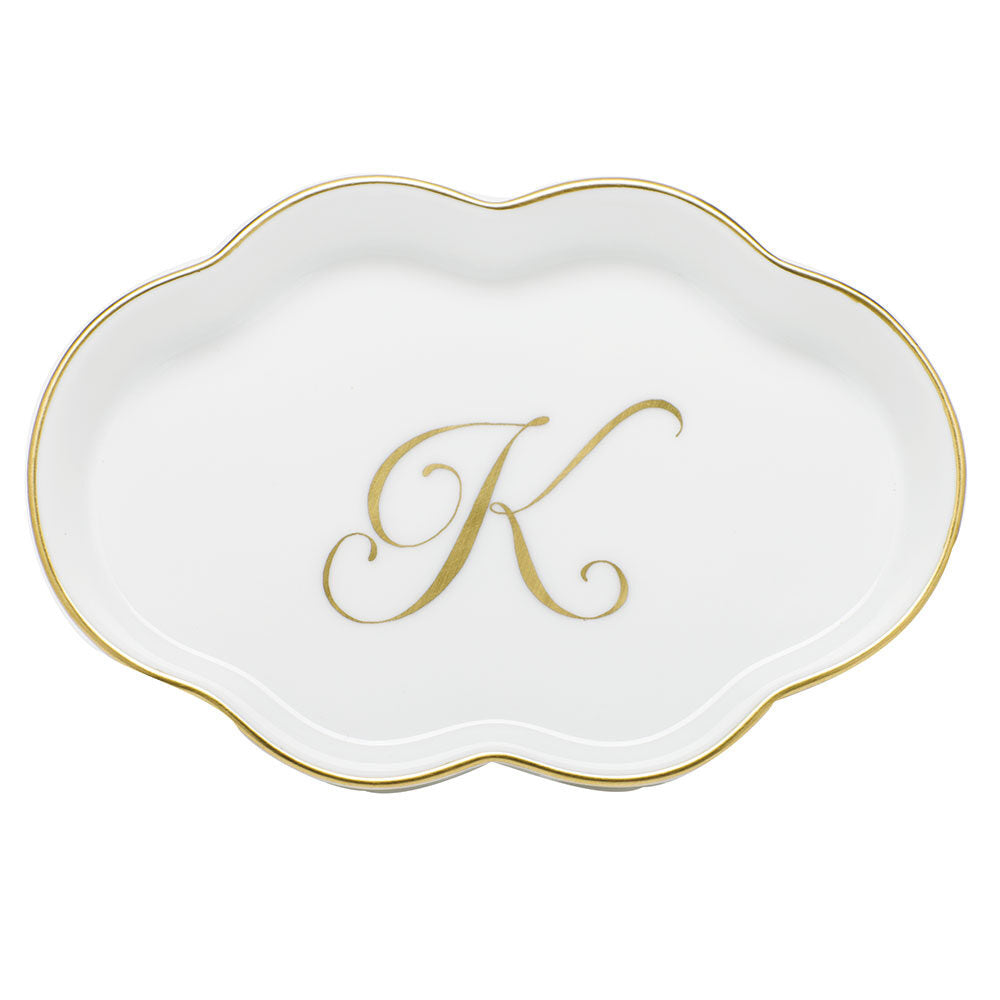 Hand-painted Herend Scalloped Tray with Monogram Decorative Plate in fine porcelain, 5.5in L, on a white background, Monogram K