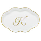 Hand-painted Herend Scalloped Tray with Monogram Decorative Plate in fine porcelain, 5.5in L, on a white background, Monogram K