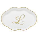 Hand-painted Herend Scalloped Tray with Monogram Decorative Plate in fine porcelain, 5.5in L, on a white background, Monogram L