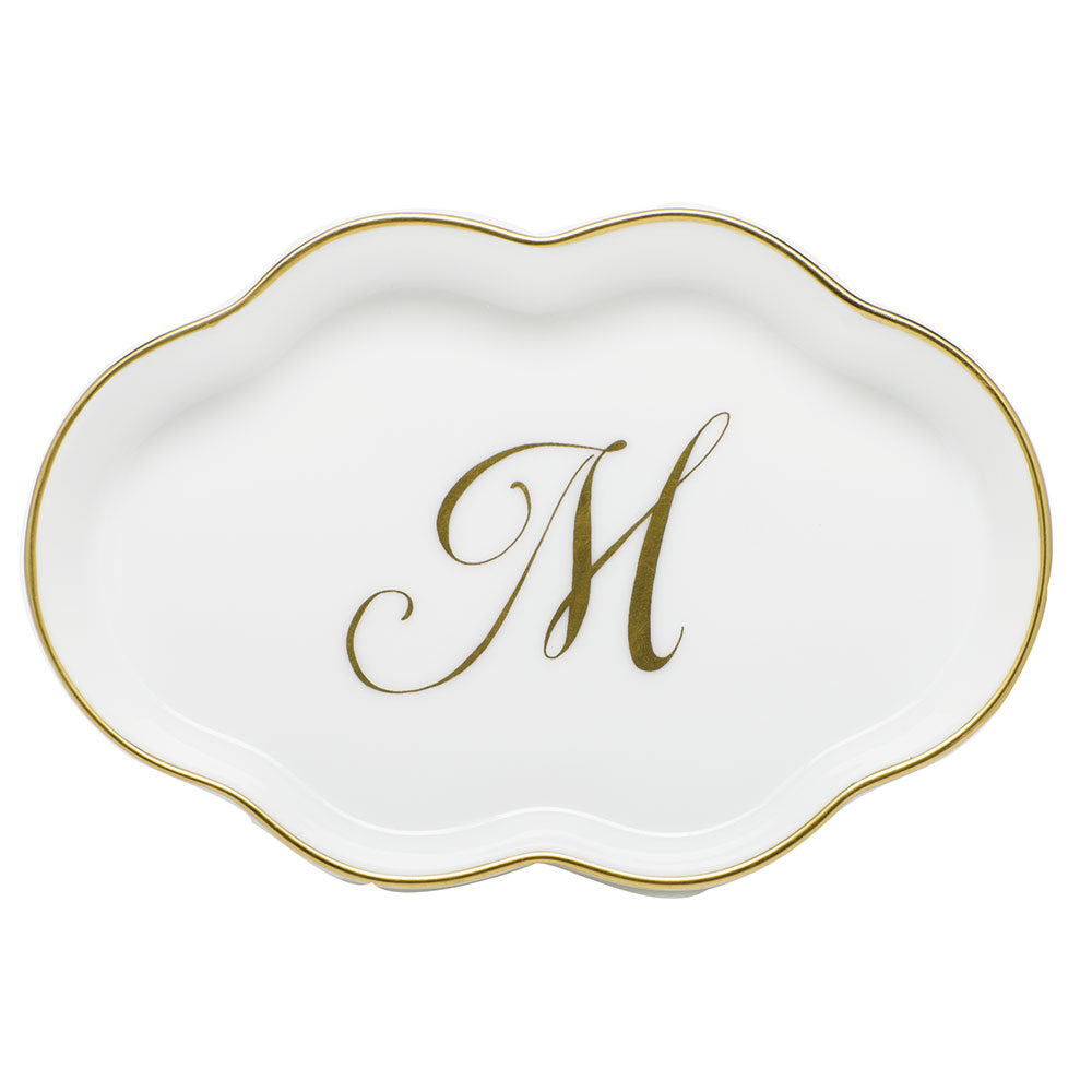 Hand-painted Herend Scalloped Tray with Monogram Decorative Plate in fine porcelain, 5.5in L, on a white background, Monogram M