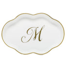 Hand-painted Herend Scalloped Tray with Monogram Decorative Plate in fine porcelain, 5.5in L, on a white background, Monogram M