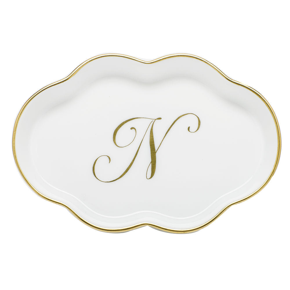 Hand-painted Herend Scalloped Tray with Monogram Decorative Plate in fine porcelain, 5.5in L, on a white background, Monogram N