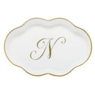 Hand-painted Herend Scalloped Tray with Monogram Decorative Plate in fine porcelain, 5.5in L, on a white background, Monogram N