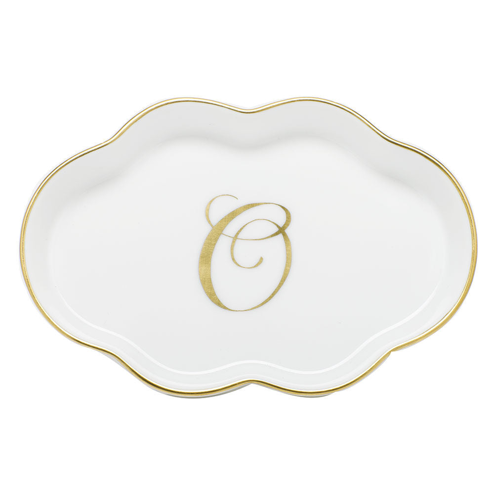 Hand-painted Herend Scalloped Tray with Monogram Decorative Plate in fine porcelain, 5.5in L, on a white background, Monogram O