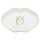 Hand-painted Herend Scalloped Tray with Monogram Decorative Plate in fine porcelain, 5.5in L, on a white background, Monogram O